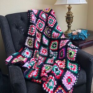 Handmade Colorful Granny Square Crochet Afghan Roseanne Throw Blanket 80”x 50”